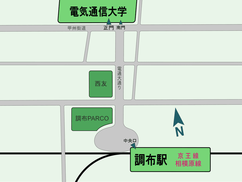 調布駅から大学までの地図